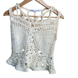 Zara Limited Edition Women's Crochet Cream Tank Vest - Cream color